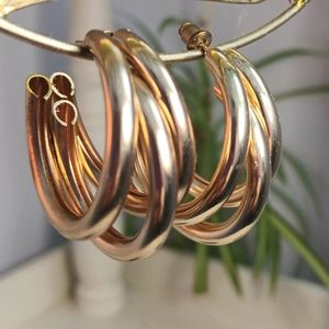 Retro Triple Hoop Chunky Golden Post Back Earrings